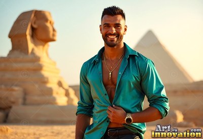 Happy man facing forward in an open teal smooth silk shirt before the Great Sphinx