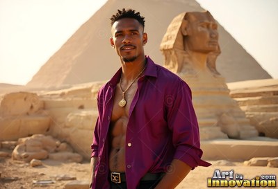 A man smiles in an open purple shirt by the Sphinx in sunlight