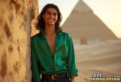 In the Giza desert, a happy man in a green silk shirt leans against a stone wall
