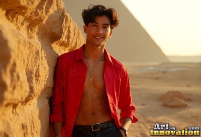 Leaning against a stone wall, a smiling man wears an open red shirt by the pyramids