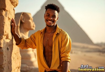 Beaming man in an unbuttoned yellow shirt by the Great Sphinx