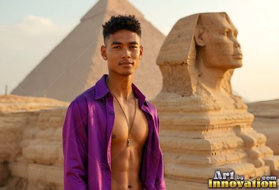 A man stands in an unbuttoned purple shirt before the Great Sphinx under pale afternoon light