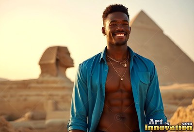 Smiling toward the camera, a man in an open blue shirt stands near the Sphinx