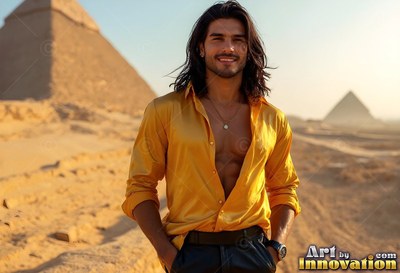 A grinning man in an open yellow light silk shirt stands in the desert by the pyramids