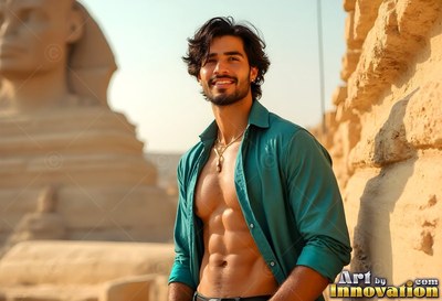 In bright desert sun by the Sphinx, a grinning man wears an open teal shirt