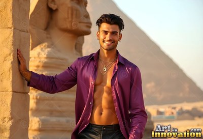 Smiling in sunlight, a man dressed in an open bright purple shirt stands by the Sphinx