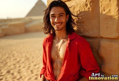 Happy man with an open red shirt by the pyramids in the sun