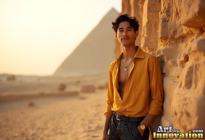 A man with an unbuttoned yellow shirt leans on a stone wall near a pyramid in the desert sun