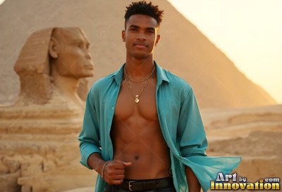 A man stands by the Sphinx in an open teal shirt under warm sunset light