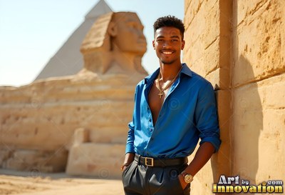 Leaning against a wall, a grinning man in a blue silk shirt stands by the Sphinx