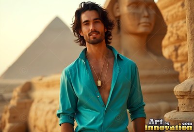 A smiling man stands in an open light teal shirt by the Great Sphinx and a pyramid