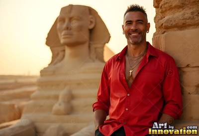 At the foot of the Sphinx, a happy man stands in an unbuttoned red shirt