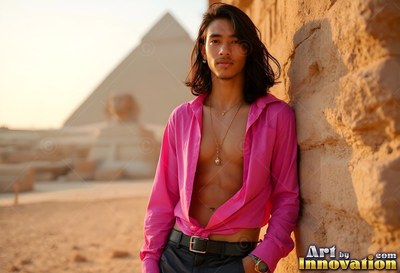 Leaning on stone, a man with an open pink shirt stands before the pyramids