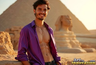 Beaming man wearing an open bright purple shirt by the Sphinx