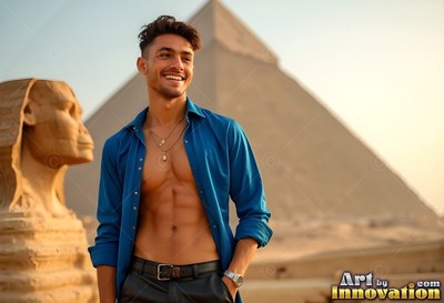 Unbuttoned blue shirt on a grinning man standing near the Sphinx and a pyramid