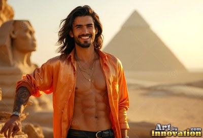 A beaming man stands in an unbuttoned orange shirt under warm desert sunlight