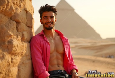 Leaning back against stone, a smiling man in a pink shirt before the Giza pyramids