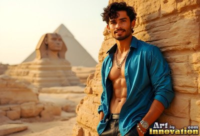 A beaming man in an open blue shirt leans by rocks near the Sphinx