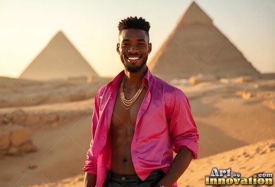 In the desert before the pyramids, a smiling man stands in an open pink shirt