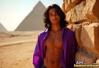 Leaning against a stone wall, a man with an open purple shirt poses near the pyramids