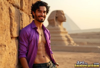 Cheerful man in an open light purple shirt by the Great Sphinx