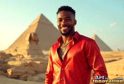 A happy man in a shiny red shirt stands in bright sunlight near the pyramids