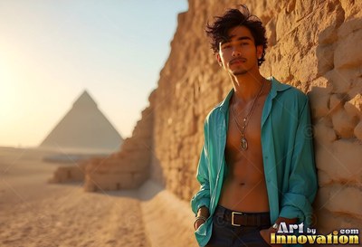 A man leans against a stone wall in an open turquoise shirt under warm sunlight