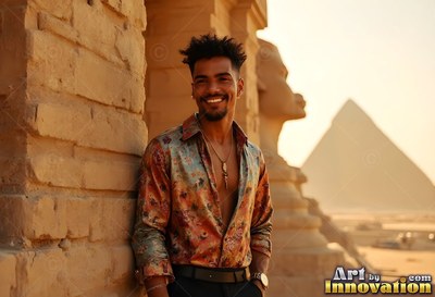 Leaning on stone, a cheerful man stands by the Sphinx under warm sunlight