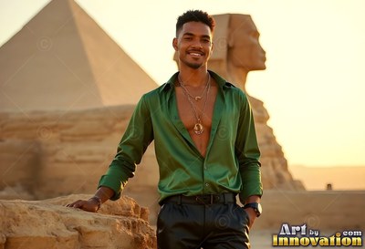 A beaming man in an open green silk shirt poses in front of the Sphinx
