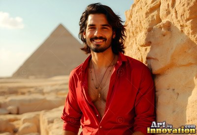 In the Giza desert, a beaming man wearing an unbuttoned red shirt leans on ancient stone