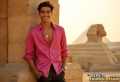 Leaning on stone, a smiling man in a pink shirt poses before the Great Sphinx