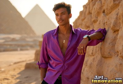 Man in an open deep purple shirt leaning by pyramids
