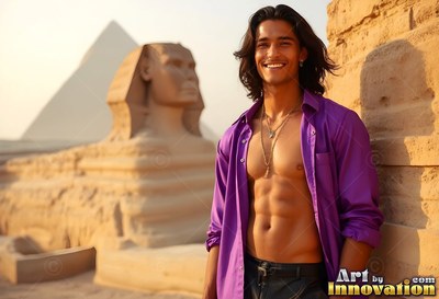 Wearing an unbuttoned deep purple shirt, a smiling man stands by stone ruins near the Sphinx