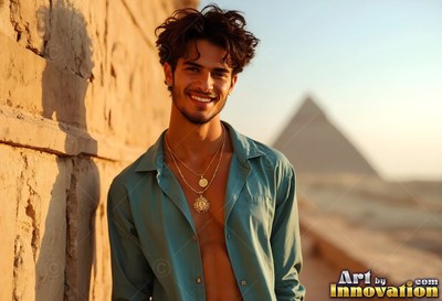 A beaming man tilts back against a stone wall near a pyramid in warm sunlight