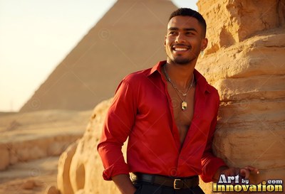 Leaning against a stone wall, a smiling man in a red light silk shirt at the pyramids
