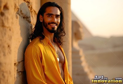 A grinning man in an open yellow shirt leans against stone by the Sphinx