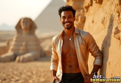 At the Great Sphinx, a beaming man stands in an open gold shirt