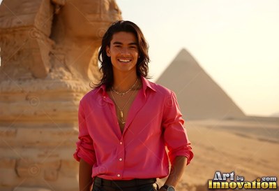 Smiling in the desert sun, a young adult man wears an open pink shirt near a pyramid