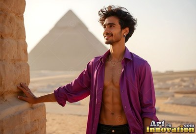 Grinning man with an open purple shirt by a pyramid in Giza