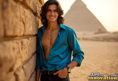 Unbuttoned blue light silk shirt on a cheerful man leaning by a pyramid in the desert sun