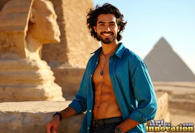 A cheerful man stands by the Sphinx in an open blue shirt under warm sunlight