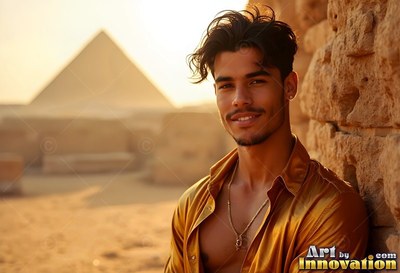 Leaning against a stone wall, a grinning man in a gold shirt near a pyramid
