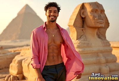 A cheerful man in an open pink shirt stands by the Sphinx under warm sunlight