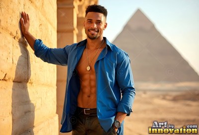 In the desert by a pyramid, a grinning man stands in an open blue shirt