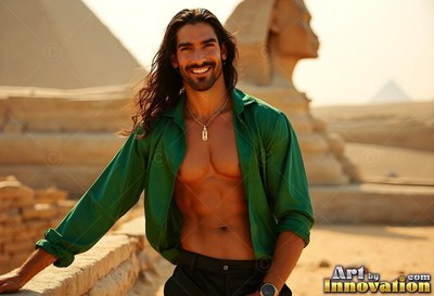 Smiling near the Sphinx, a man wears an open green shirt under bright sun