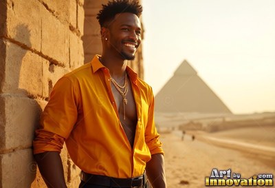 Smiling man dressed in an unbuttoned yellow shirt near a pyramid