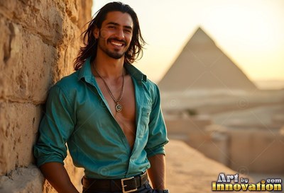Smiling man with an unbuttoned teal shirt leaning by a wall near the pyramids