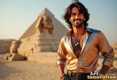 A beaming man stands before the Sphinx, his gold silk shirt catching the warm sunlight