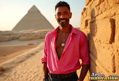 Leaning against a stone wall, a grinning man in a pink shirt stands near a pyramid