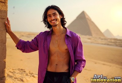 A grinning man dressed in an open bright purple shirt stands in the desert by the pyramids